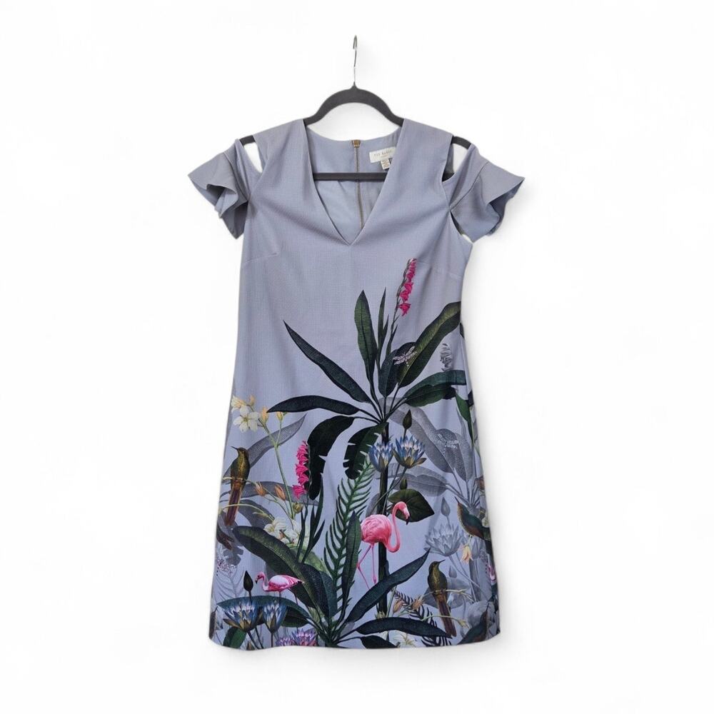 Ted Baker Emerry Pistachio Cold Shoulder Gray Jungle Print Mini Dress, US Sz 4-6